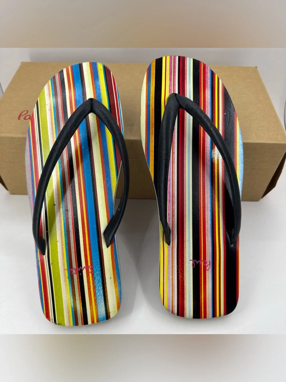 VTG Paul Smith Slip-on Sandals Striped Black Leather Strap Flip Flop Men M US 10